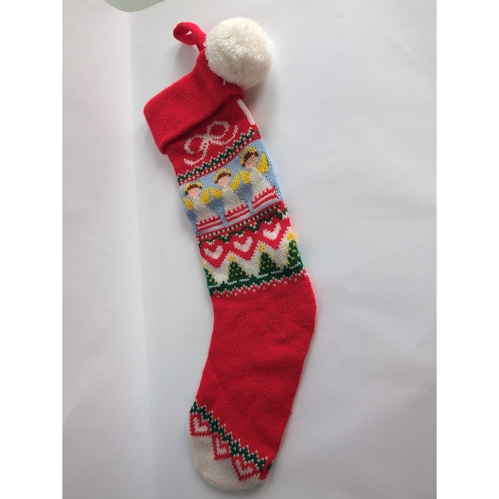 VTG Hallmark Knit Christmas Stocking 1983 19" Angels Trees Pom Pom Acrylic